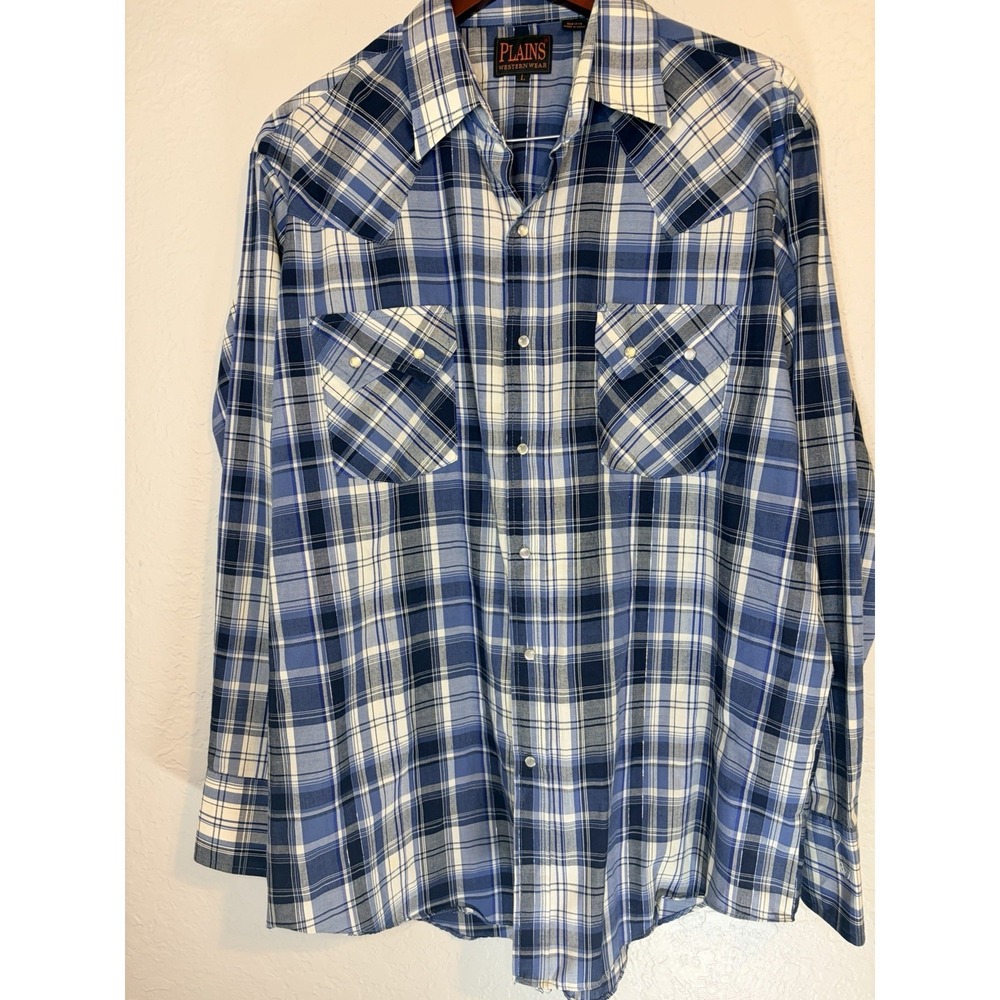 Plains Western Wear Shirt Men's L Blue Plaid Pearl Snap Long‎ Sleeve Lightweight